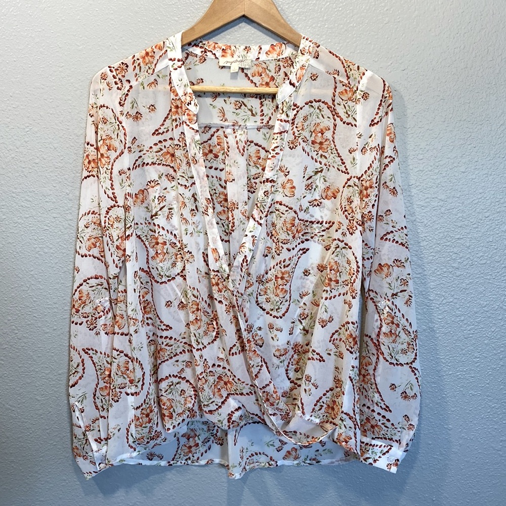 Mystree White Floral Wrap Blouse with Orange & Green Accents